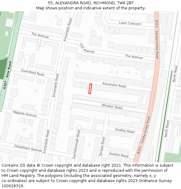 55, ALEXANDRA ROAD, RICHMOND, TW9 2BT: Location map and indicative extent of plot