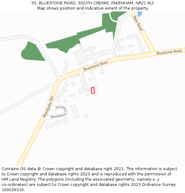 55, BLUESTONE ROAD, SOUTH CREAKE, FAKENHAM, NR21 9LY: Location map and indicative extent of plot