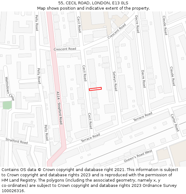 55, CECIL ROAD, LONDON, E13 0LS: Location map and indicative extent of plot