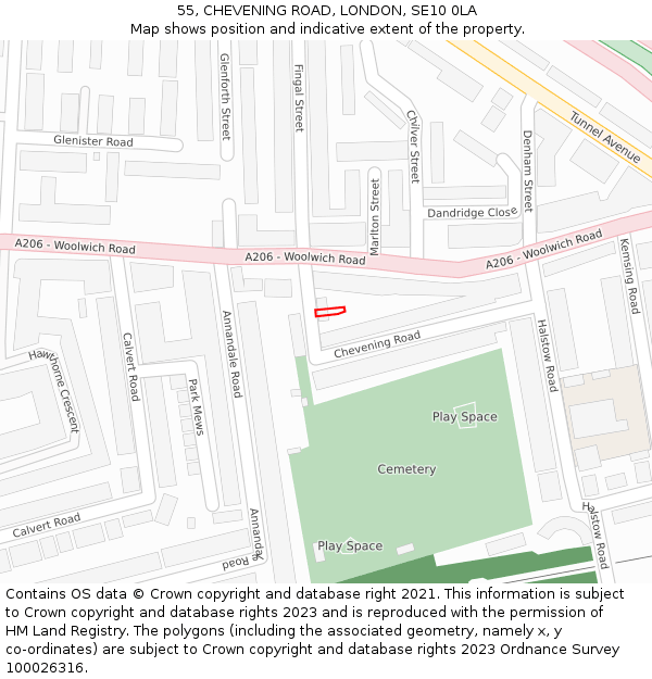 55, CHEVENING ROAD, LONDON, SE10 0LA: Location map and indicative extent of plot