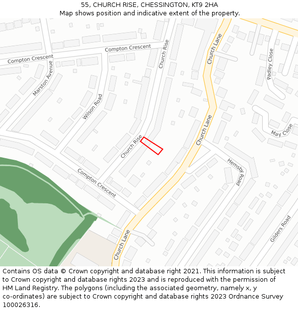 55, CHURCH RISE, CHESSINGTON, KT9 2HA: Location map and indicative extent of plot
