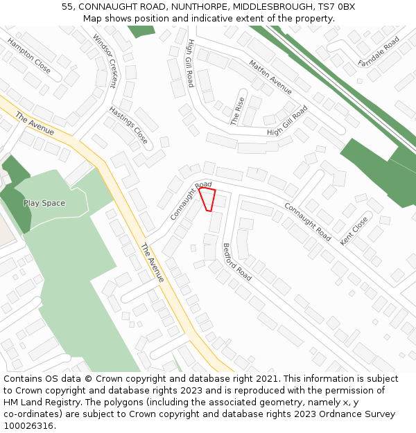 55, CONNAUGHT ROAD, NUNTHORPE, MIDDLESBROUGH, TS7 0BX: Location map and indicative extent of plot