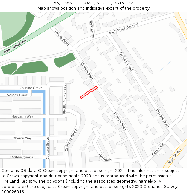 55, CRANHILL ROAD, STREET, BA16 0BZ: Location map and indicative extent of plot