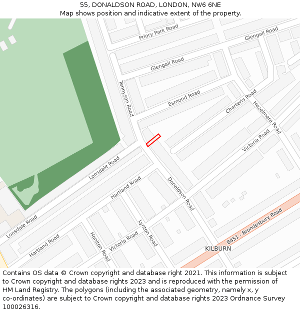 55, DONALDSON ROAD, LONDON, NW6 6NE: Location map and indicative extent of plot