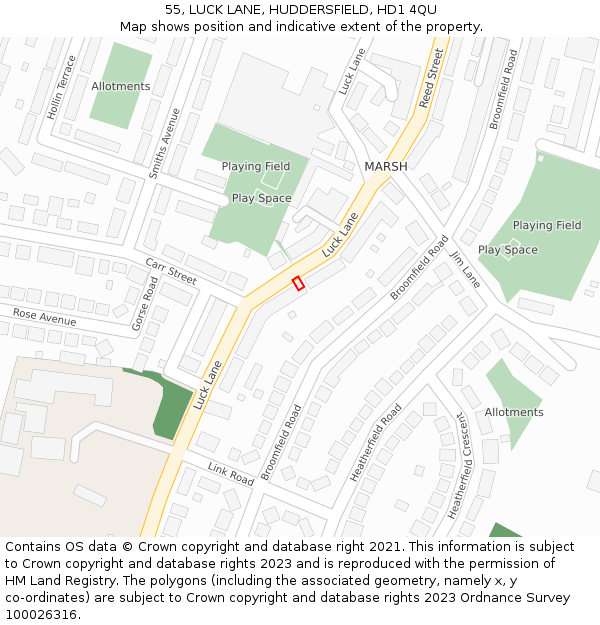 55, LUCK LANE, HUDDERSFIELD, HD1 4QU: Location map and indicative extent of plot