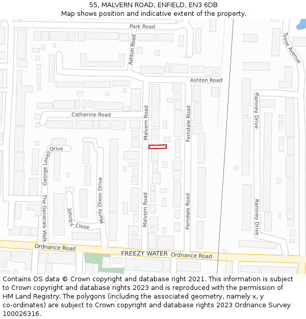 55, MALVERN ROAD, ENFIELD, EN3 6DB: Location map and indicative extent of plot
