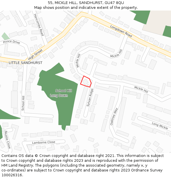 55, MICKLE HILL, SANDHURST, GU47 8QU: Location map and indicative extent of plot
