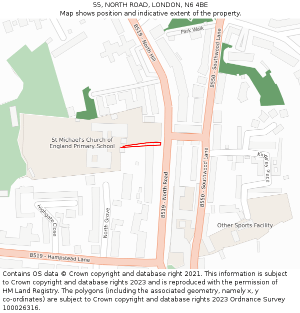 55, NORTH ROAD, LONDON, N6 4BE: Location map and indicative extent of plot