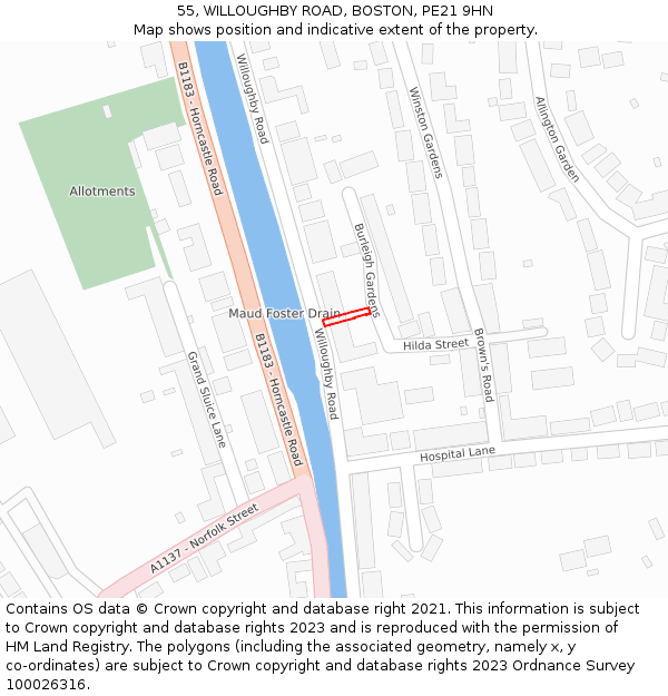 55, WILLOUGHBY ROAD, BOSTON, PE21 9HN: Location map and indicative extent of plot