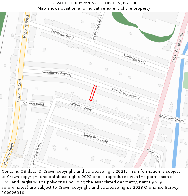 55, WOODBERRY AVENUE, LONDON, N21 3LE: Location map and indicative extent of plot