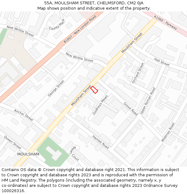 55A, MOULSHAM STREET, CHELMSFORD, CM2 0JA: Location map and indicative extent of plot