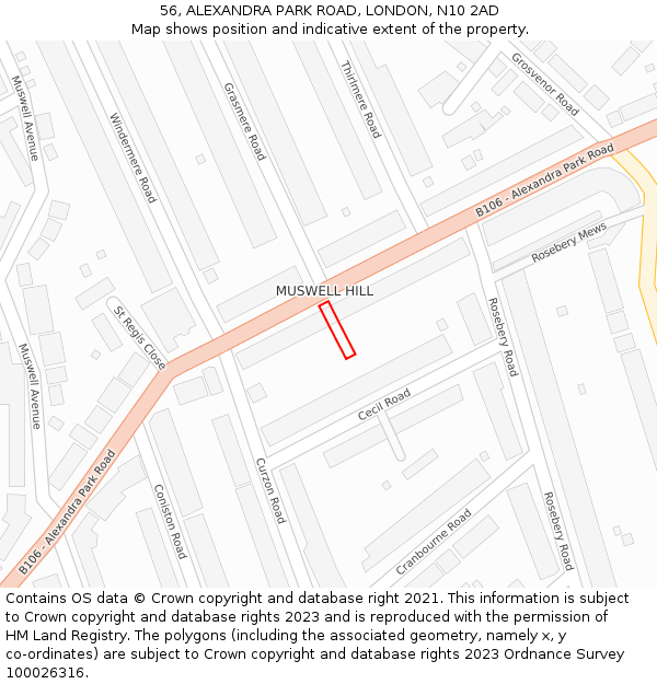 56, ALEXANDRA PARK ROAD, LONDON, N10 2AD: Location map and indicative extent of plot