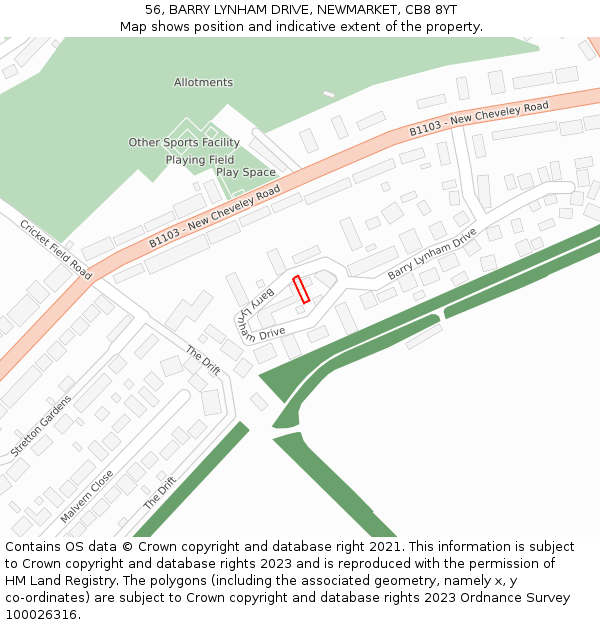 56, BARRY LYNHAM DRIVE, NEWMARKET, CB8 8YT: Location map and indicative extent of plot