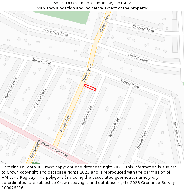 56, BEDFORD ROAD, HARROW, HA1 4LZ: Location map and indicative extent of plot