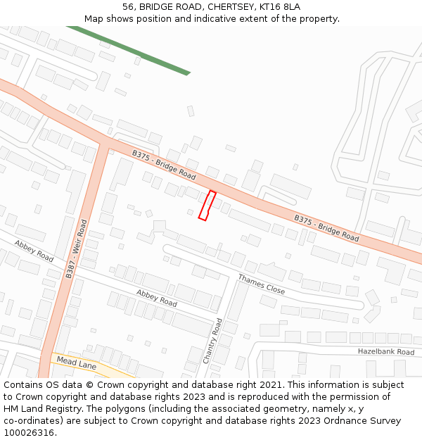 56, BRIDGE ROAD, CHERTSEY, KT16 8LA: Location map and indicative extent of plot