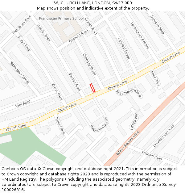 56, CHURCH LANE, LONDON, SW17 9PR: Location map and indicative extent of plot