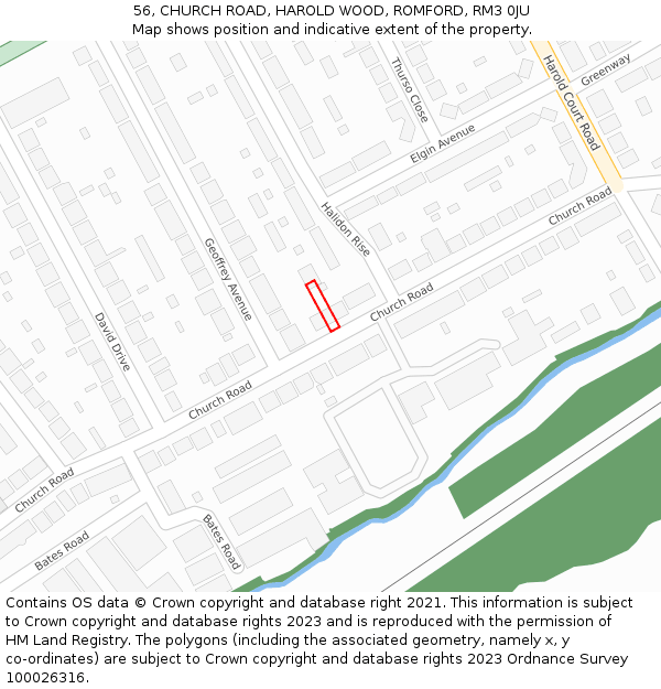 56, CHURCH ROAD, HAROLD WOOD, ROMFORD, RM3 0JU: Location map and indicative extent of plot