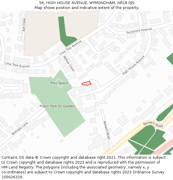 56, HIGH HOUSE AVENUE, WYMONDHAM, NR18 0JN: Location map and indicative extent of plot