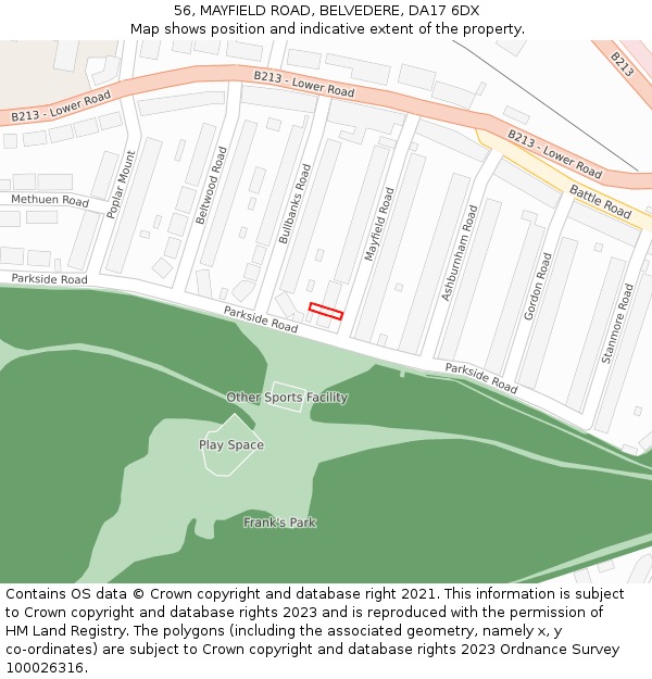 56, MAYFIELD ROAD, BELVEDERE, DA17 6DX: Location map and indicative extent of plot