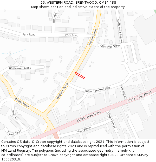 56, WESTERN ROAD, BRENTWOOD, CM14 4SS: Location map and indicative extent of plot