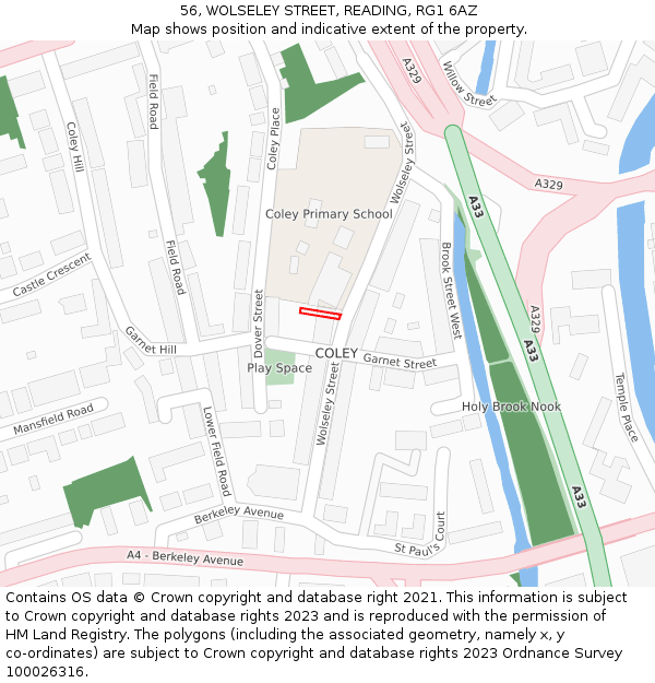 56, WOLSELEY STREET, READING, RG1 6AZ: Location map and indicative extent of plot
