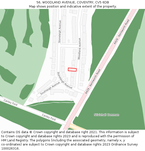 56, WOODLAND AVENUE, COVENTRY, CV5 6DB: Location map and indicative extent of plot