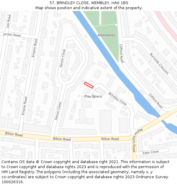 57, BRINDLEY CLOSE, WEMBLEY, HA0 1BS: Location map and indicative extent of plot