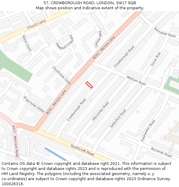 57, CROWBOROUGH ROAD, LONDON, SW17 9QB: Location map and indicative extent of plot