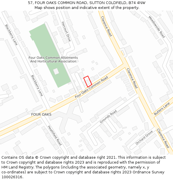 57, FOUR OAKS COMMON ROAD, SUTTON COLDFIELD, B74 4NW: Location map and indicative extent of plot