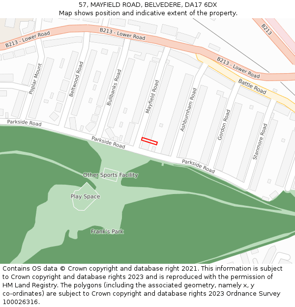 57, MAYFIELD ROAD, BELVEDERE, DA17 6DX: Location map and indicative extent of plot