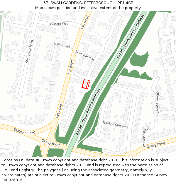 57, SWAN GARDENS, PETERBOROUGH, PE1 4SB: Location map and indicative extent of plot