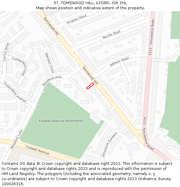 57, TOMSWOOD HILL, ILFORD, IG6 2HL: Location map and indicative extent of plot