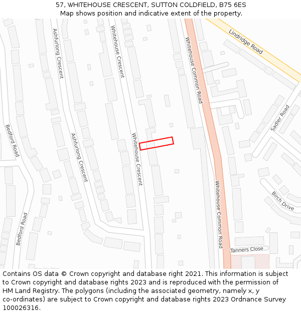 57, WHITEHOUSE CRESCENT, SUTTON COLDFIELD, B75 6ES: Location map and indicative extent of plot