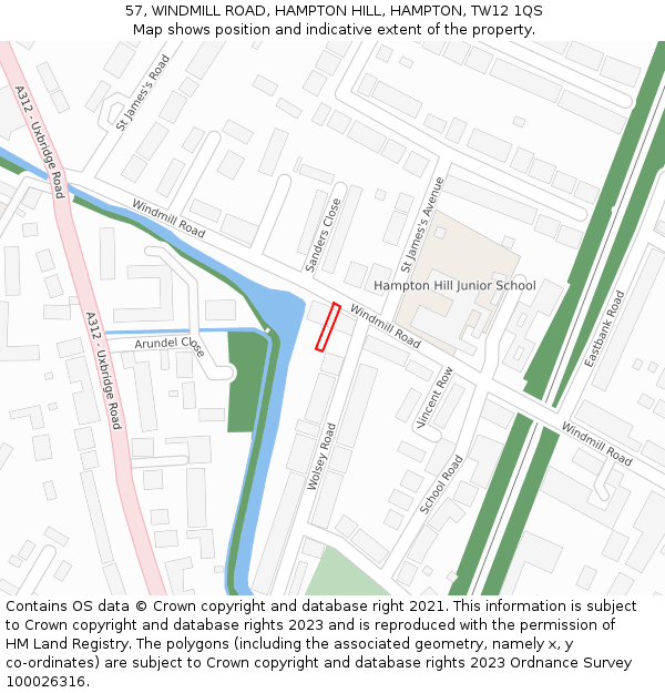 57, WINDMILL ROAD, HAMPTON HILL, HAMPTON, TW12 1QS: Location map and indicative extent of plot