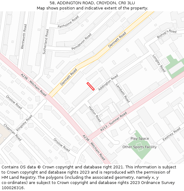 58, ADDINGTON ROAD, CROYDON, CR0 3LU: Location map and indicative extent of plot