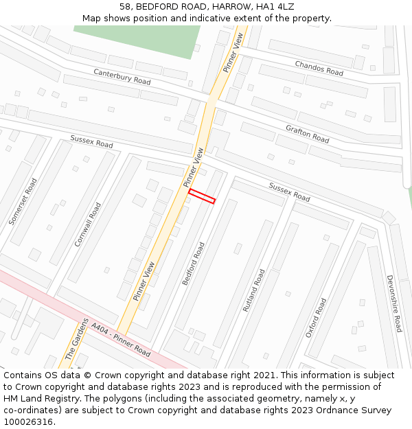 58, BEDFORD ROAD, HARROW, HA1 4LZ: Location map and indicative extent of plot