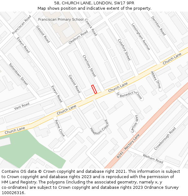 58, CHURCH LANE, LONDON, SW17 9PR: Location map and indicative extent of plot