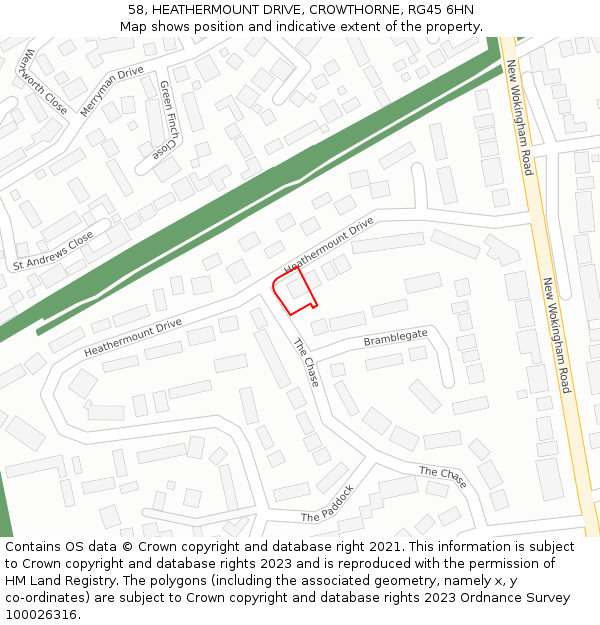 58, HEATHERMOUNT DRIVE, CROWTHORNE, RG45 6HN: Location map and indicative extent of plot