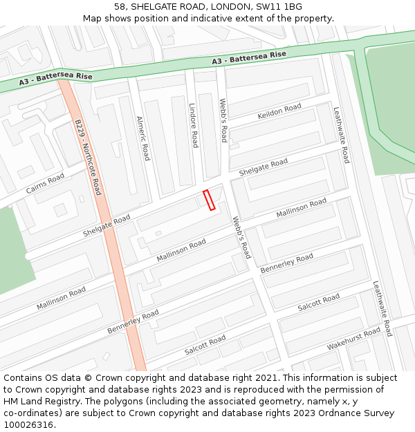 58, SHELGATE ROAD, LONDON, SW11 1BG: Location map and indicative extent of plot