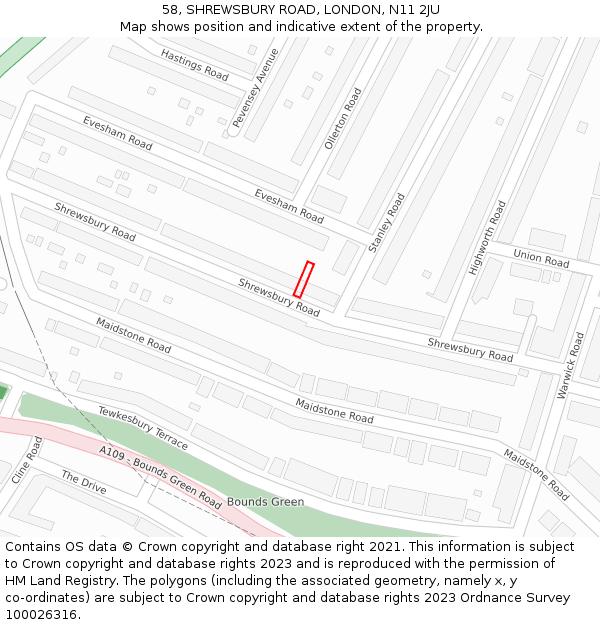 58, SHREWSBURY ROAD, LONDON, N11 2JU: Location map and indicative extent of plot