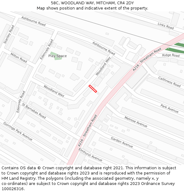58C, WOODLAND WAY, MITCHAM, CR4 2DY: Location map and indicative extent of plot