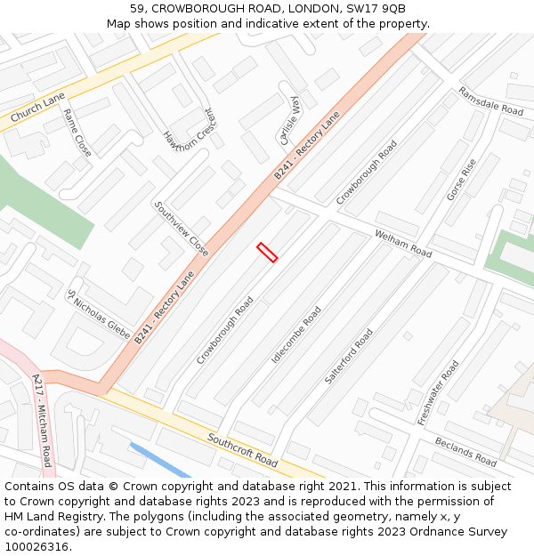 59, CROWBOROUGH ROAD, LONDON, SW17 9QB: Location map and indicative extent of plot