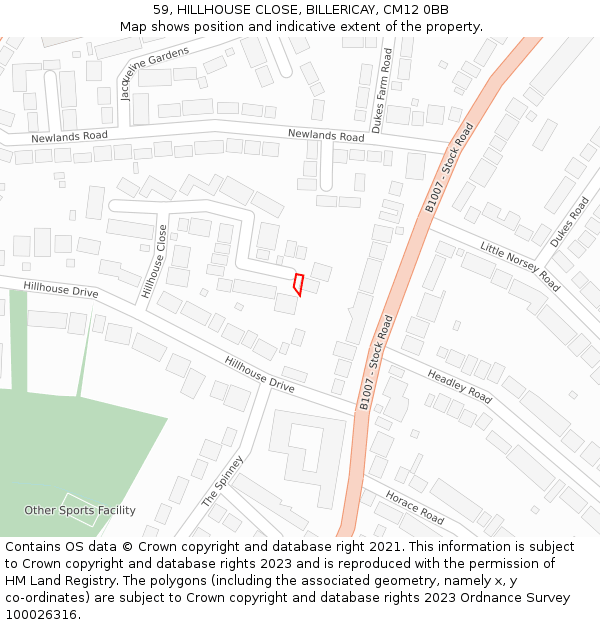 59, HILLHOUSE CLOSE, BILLERICAY, CM12 0BB: Location map and indicative extent of plot