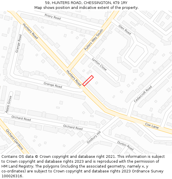 59, HUNTERS ROAD, CHESSINGTON, KT9 1RY: Location map and indicative extent of plot