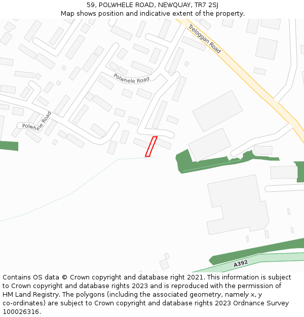 59, POLWHELE ROAD, NEWQUAY, TR7 2SJ: Location map and indicative extent of plot
