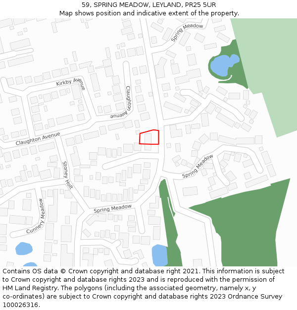 59, SPRING MEADOW, LEYLAND, PR25 5UR: Location map and indicative extent of plot