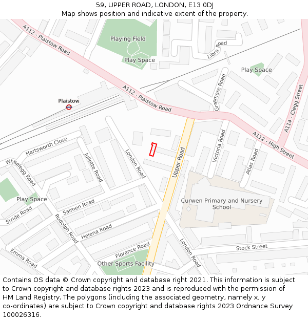 59, UPPER ROAD, LONDON, E13 0DJ: Location map and indicative extent of plot