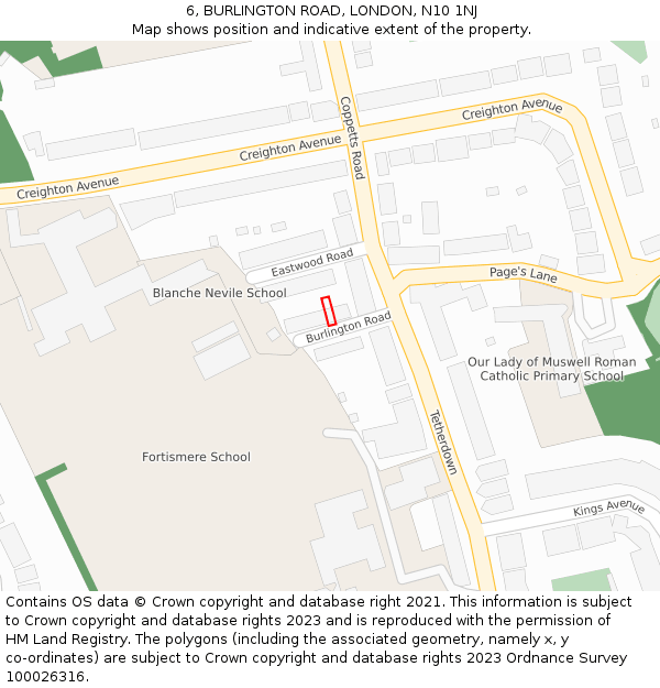6, BURLINGTON ROAD, LONDON, N10 1NJ: Location map and indicative extent of plot