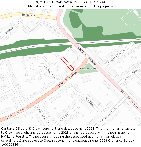 6, CHURCH ROAD, WORCESTER PARK, KT4 7RA: Location map and indicative extent of plot