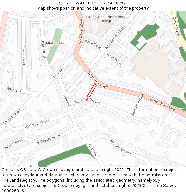 6, HYDE VALE, LONDON, SE10 8QH: Location map and indicative extent of plot